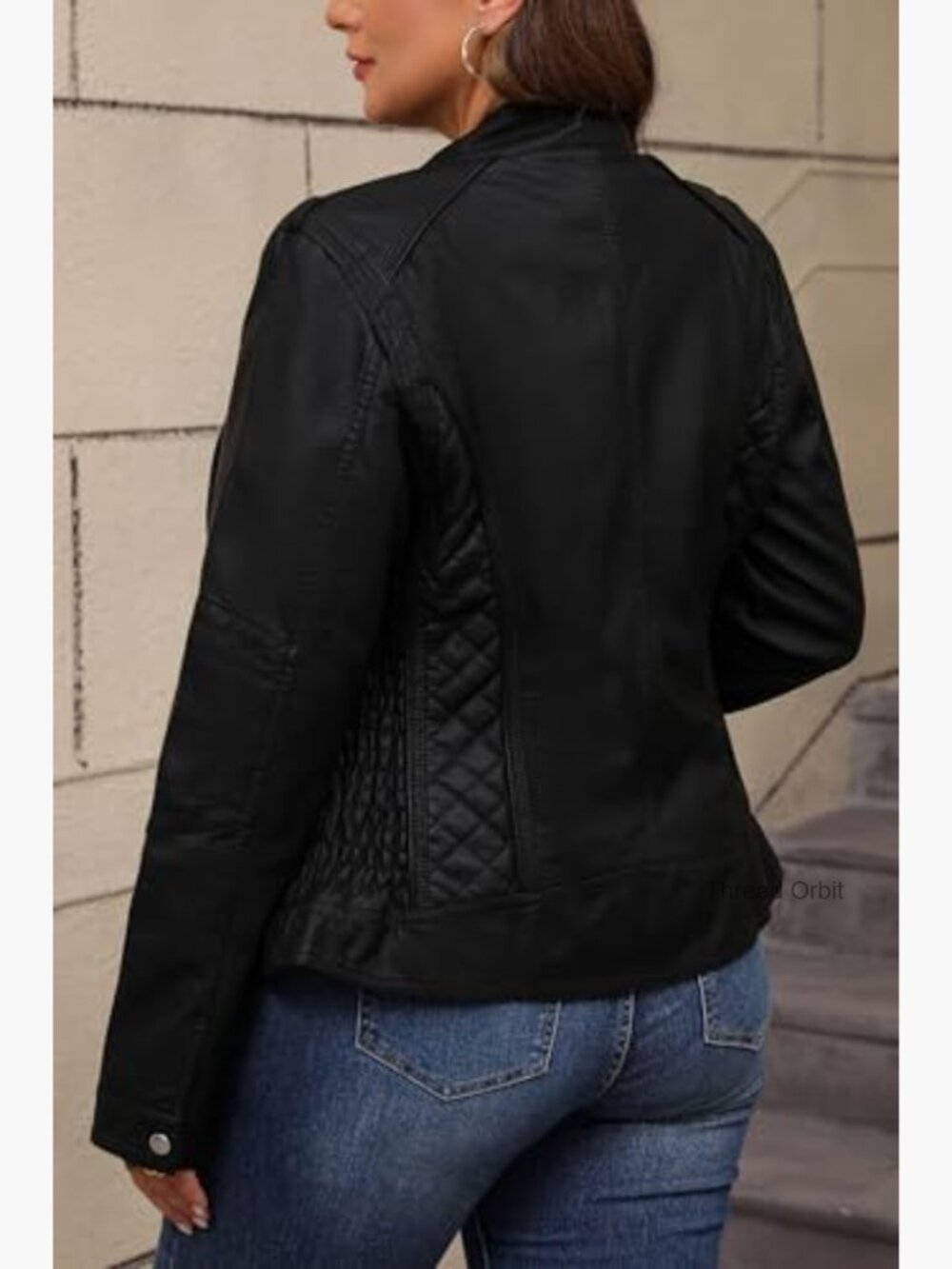 Faux Leather Moto Jacket with Stand Collar Zipper Pockets - Picture 2 of 7